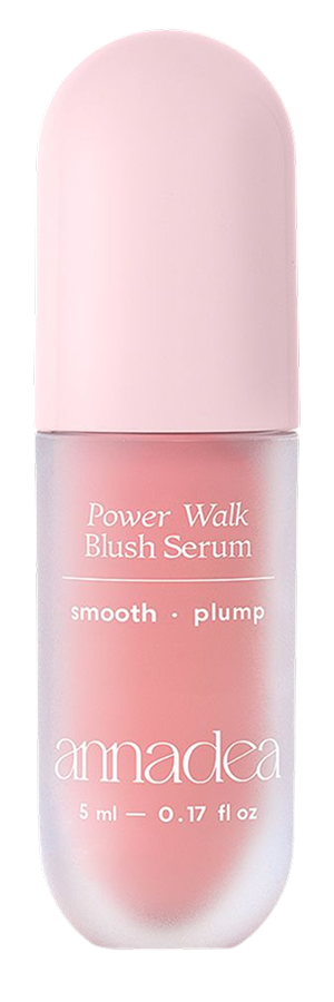 Annadea Power Walk Blush Serum in Soft Step, frosted capsule bottle with pink cap showing sheer baby pink blush serum, 5ml smoothing and plumping formula