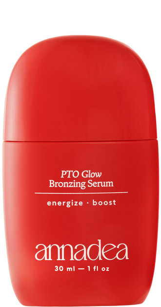 Annadea PTO Glow Bronzing Serum in red matte capsule bottle, 30ml weightless bronzing serum with niacinamide and antioxidant complex for a sun-kissed glow