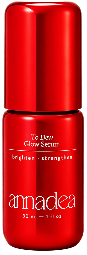 Annadea To Dew Glow Serum in red glossy bottle, 30ml brightening and strengthening hydrating serum with niacinamide, ceramide complex, and hyaluronic acid