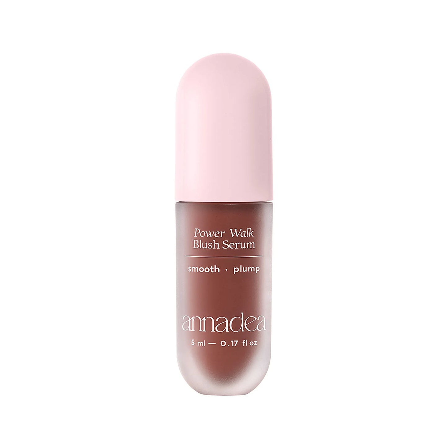 Annadea Power Walk Blush Serum in Late Date showing the deep burgundy frosted capsule bottle with pink cap, smooth and plump claims, 5ml on a white background