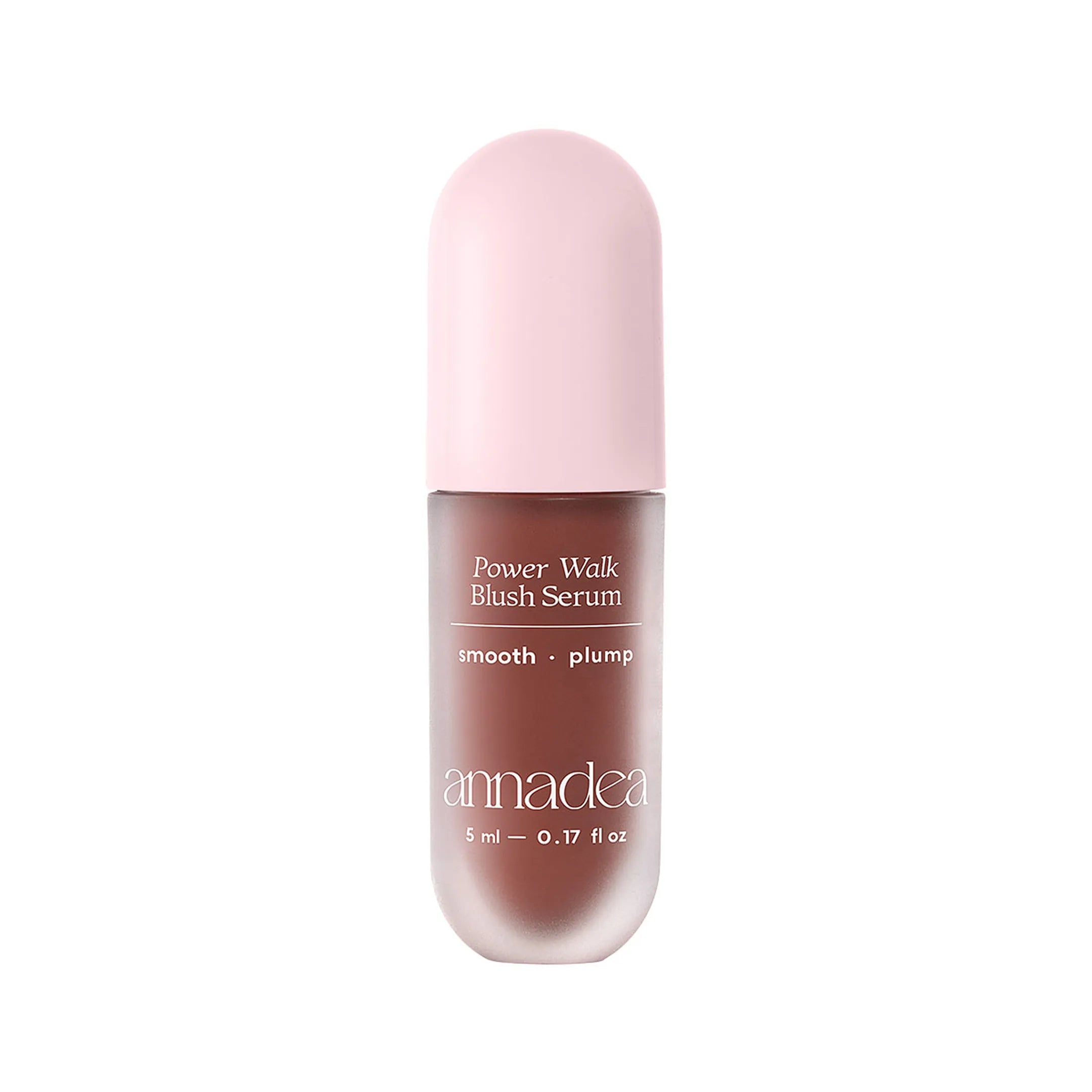 Annadea Power Walk Blush Serum in Late Date showing the deep burgundy frosted capsule bottle with pink cap, smooth and plump claims, 5ml on a white background