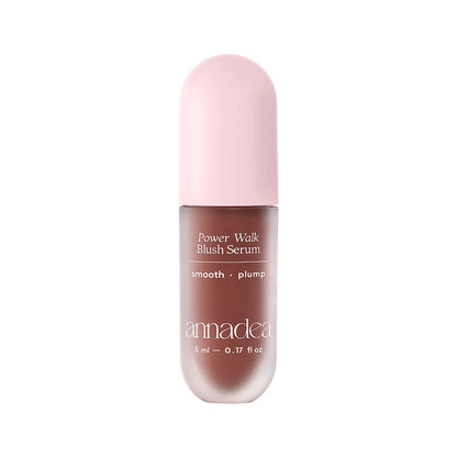 Annadea Power Walk Blush Serum in Late Date showing the deep burgundy frosted capsule bottle with pink cap, smooth and plump claims, 5ml on a white background
