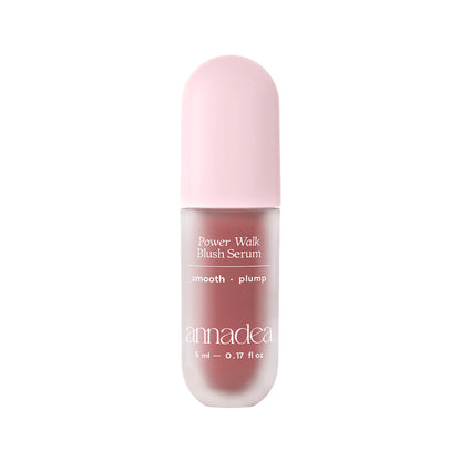 Annadea Power Walk Blush Serum in Rose Trail showing the frosted capsule bottle with pink cap, smooth and plump claims, 5ml on a white background