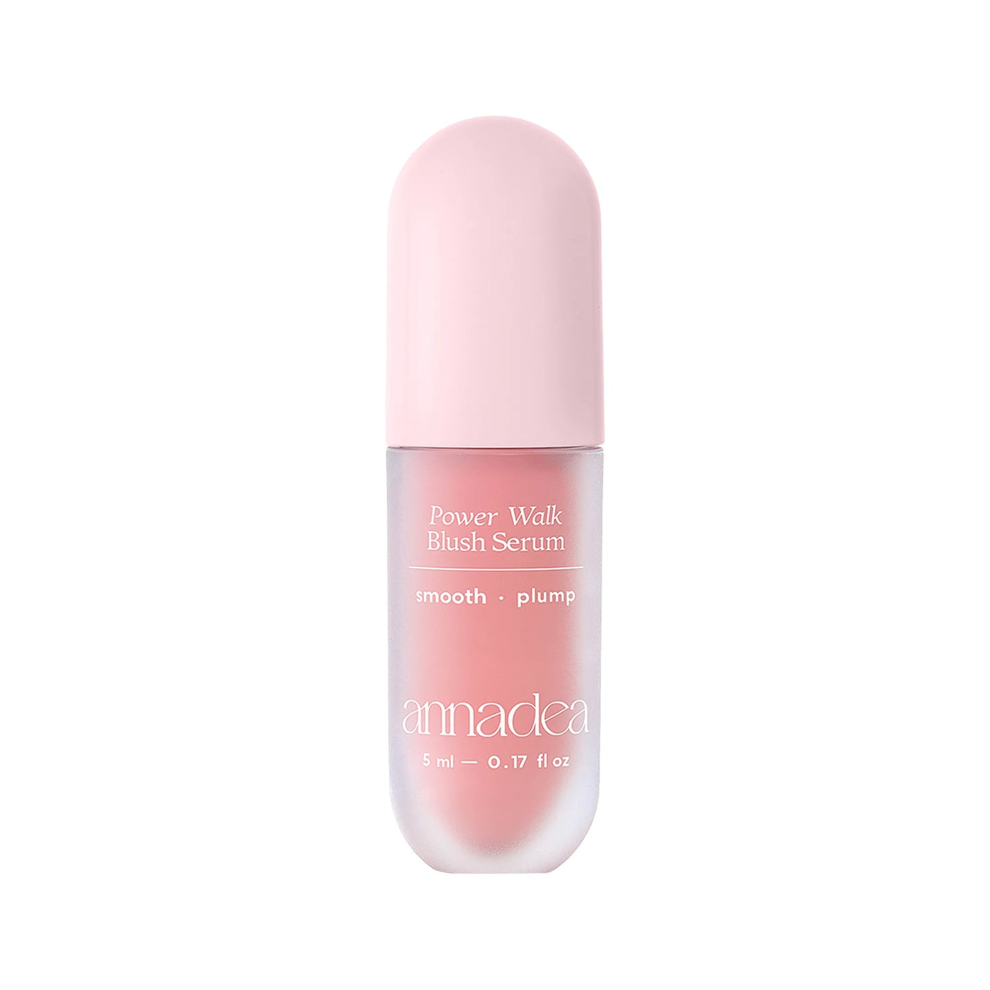 Annadea Power Walk Blush Serum in Soft Step showing the sheer baby pink frosted capsule bottle with pink cap, smooth and plump claims, 5ml on a white background