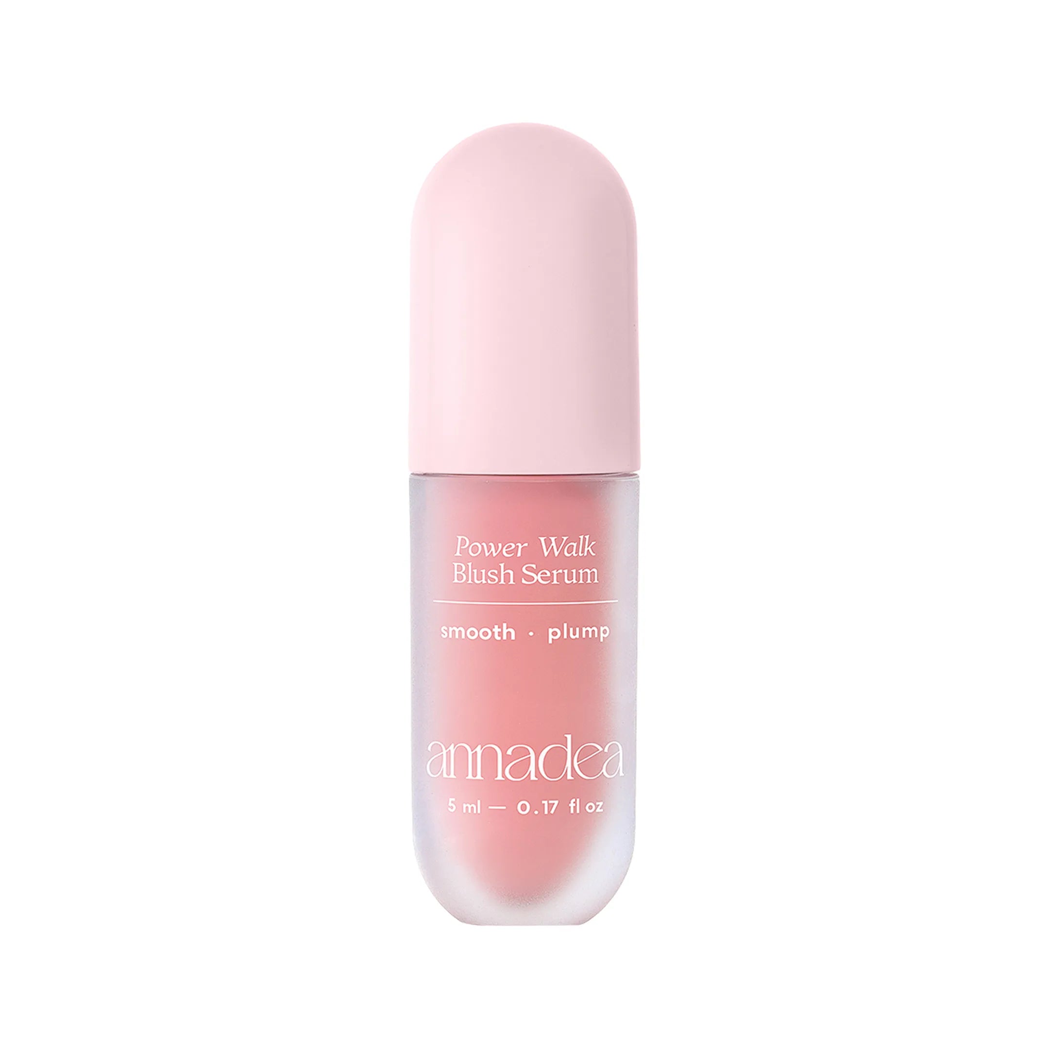 Annadea Power Walk Blush Serum in Soft Step showing the sheer baby pink frosted capsule bottle with pink cap, smooth and plump claims, 5ml on a white background