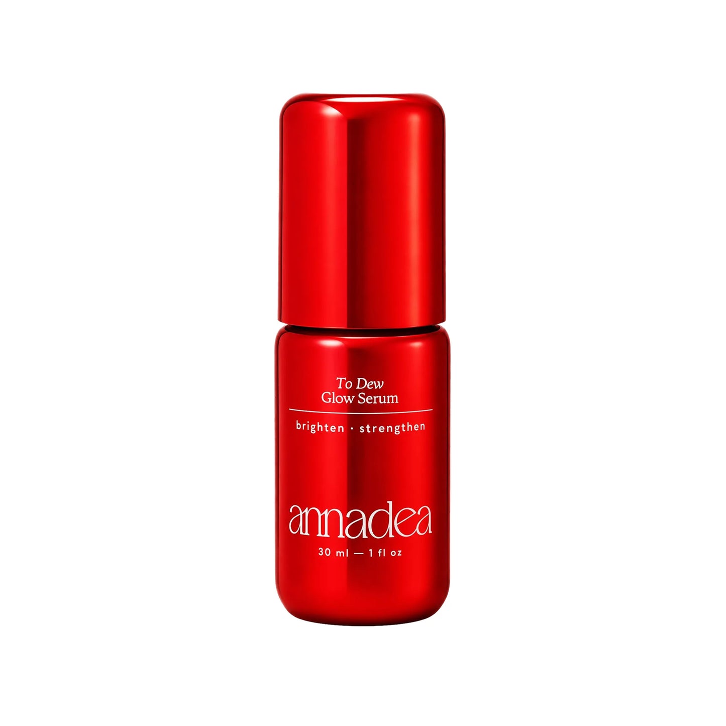 Annadea To Dew Glow Serum in a red metallic bottle showing the To Dew Glow Serum label with brighten and strengthen claims, 30ml on a white background