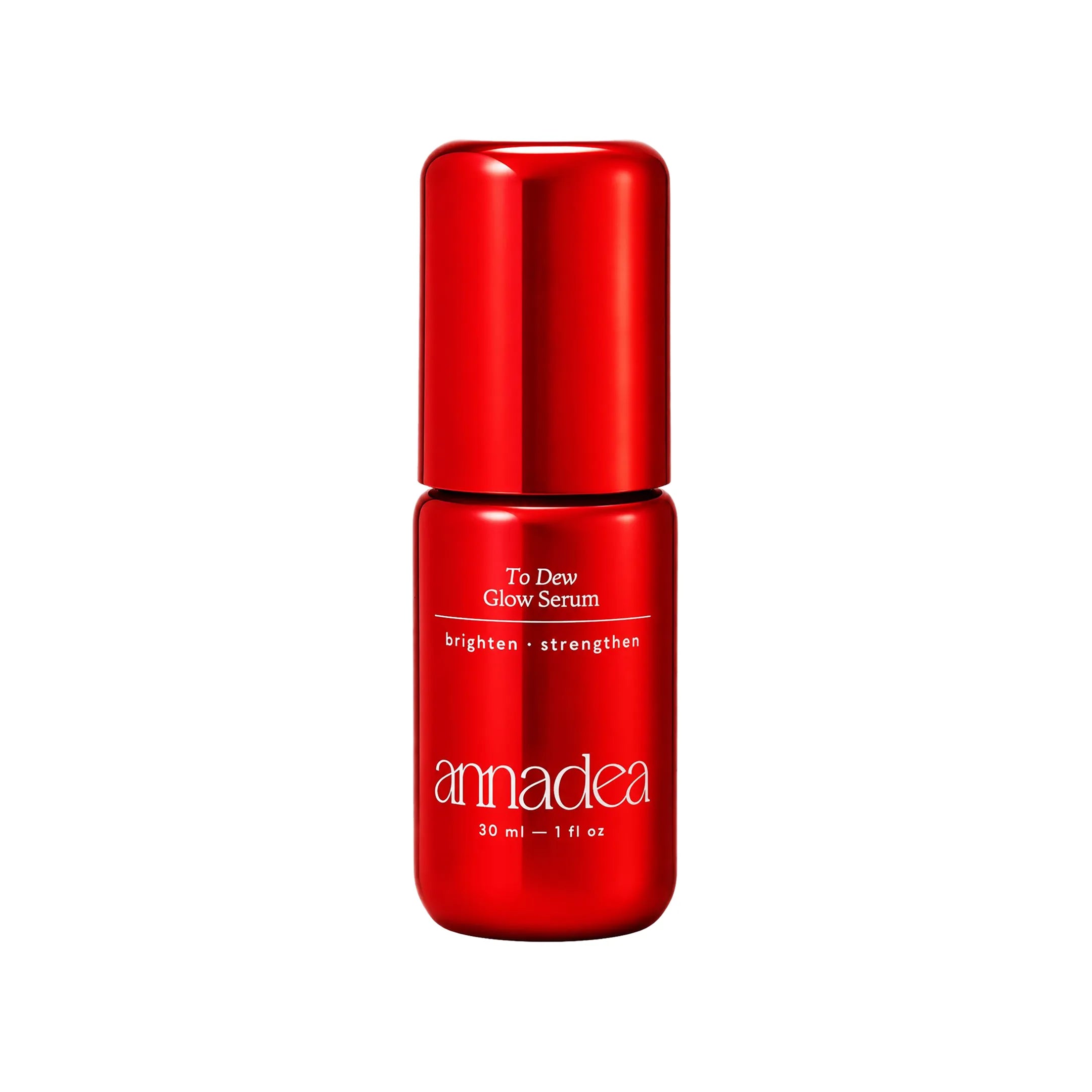 Annadea To Dew Glow Serum in a red metallic bottle showing the To Dew Glow Serum label with brighten and strengthen claims, 30ml on a white background