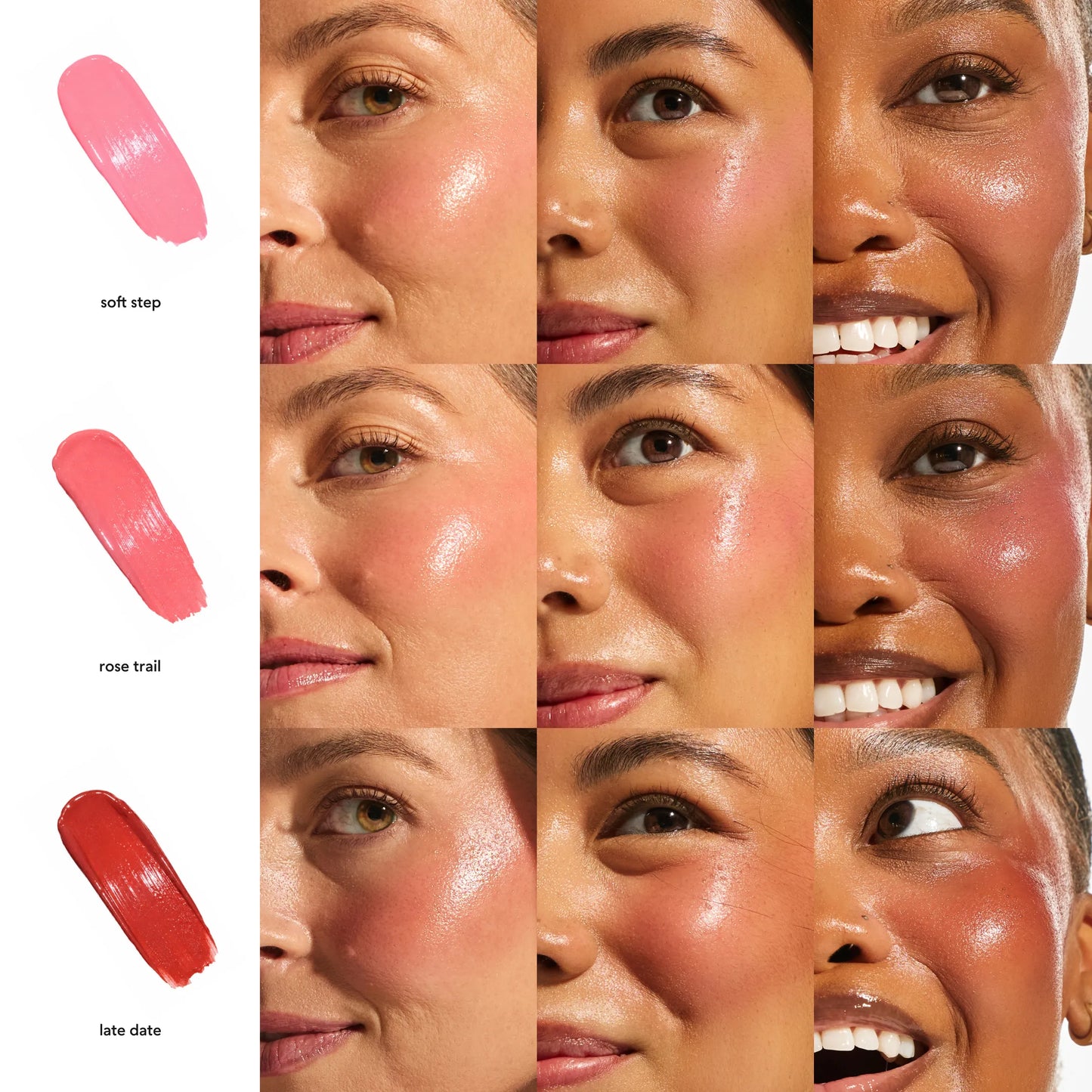 Annadea Power Walk Blush Serum shade comparison showing Soft Step, Rose Trail, and Late Date worn across light, medium, and deep skin tones with blush swatches, demonstrating the buildable flush of each shade