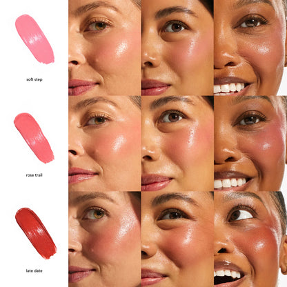 Annadea Power Walk Blush Serum shade comparison showing Soft Step, Rose Trail, and Late Date worn across light, medium, and deep skin tones with blush swatches, demonstrating the buildable flush of each shade