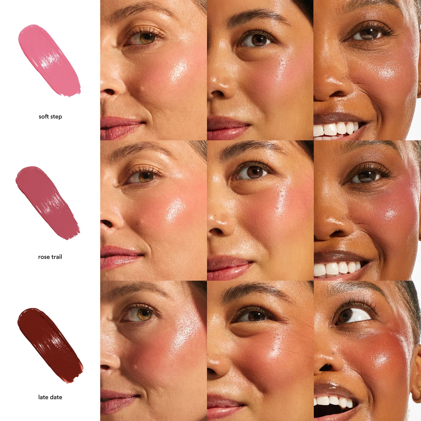 Annadea Power Walk Blush Serum shade comparison showing Soft Step, Rose Trail, and Late Date worn across light, medium, and deep skin tones with blush swatches, demonstrating the buildable flush of each shade