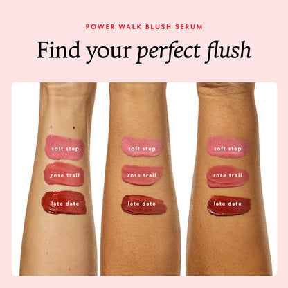 Annadea Power Walk Blush Serum shades Soft Step, Rose Trail, and Late Date swatched on three arms across light, medium, and deep skin tones, showing how each blush serum shade appears on different complexions