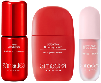 Annadea full serum lineup: To Dew Glow Serum, PTO Glow Bronzing Serum, and Power Walk Blush Serum side by side, showing all three products in the collection