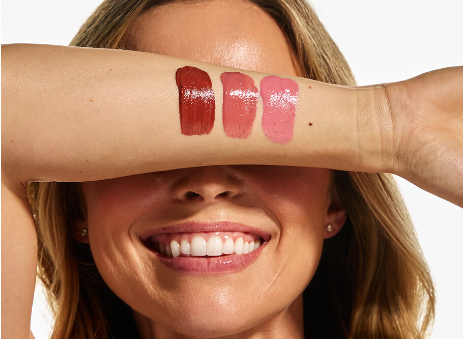 Three Annadea Power Walk Blush Serum shades swatched on a forearm — Late Date, Rose Trail, and Soft Step — shown on light skin tone