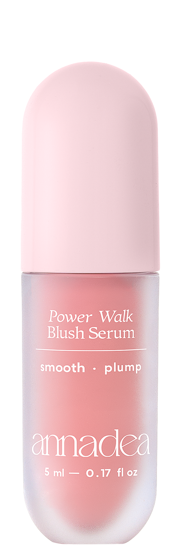 Annadea Power Walk Blush Serum in Soft Step, frosted capsule bottle with pink cap showing sheer baby pink blush serum, 5ml smoothing and plumping formula