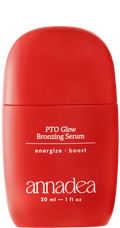Annadea PTO Glow Bronzing Serum in red matte capsule bottle, 30ml weightless bronzing serum with niacinamide and antioxidant complex for a sun-kissed glow