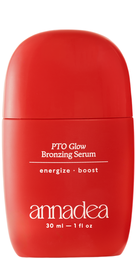 Annadea PTO Glow Bronzing Serum in red matte capsule bottle, 30ml weightless bronzing serum with niacinamide and antioxidant complex for a sun-kissed glow