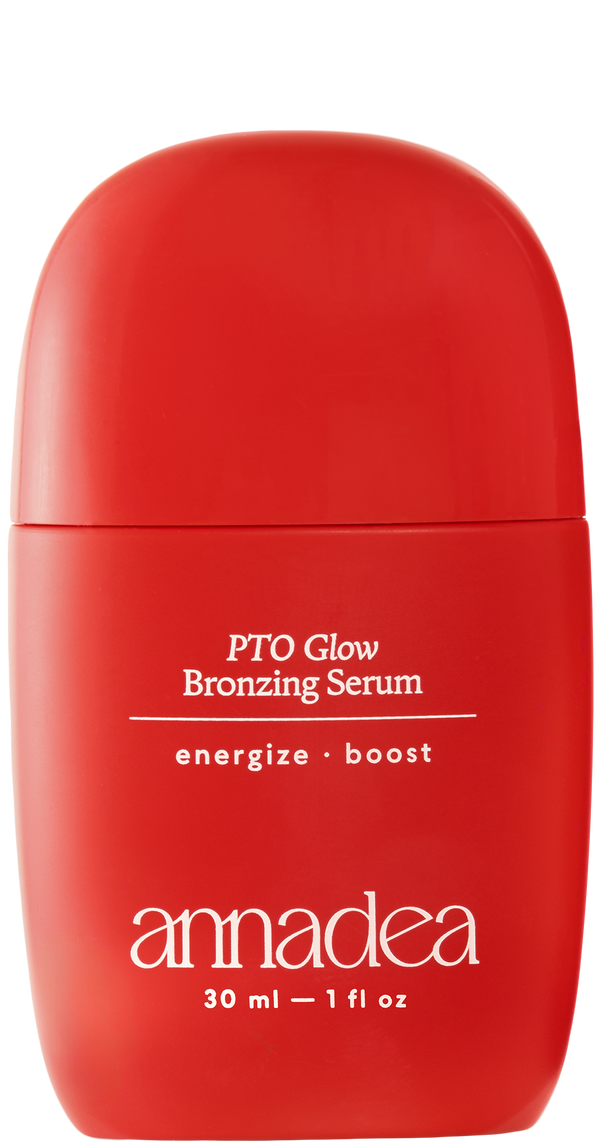 Annadea PTO Glow Bronzing Serum in red matte capsule bottle, 30ml weightless bronzing serum with niacinamide and antioxidant complex for a sun-kissed glow
