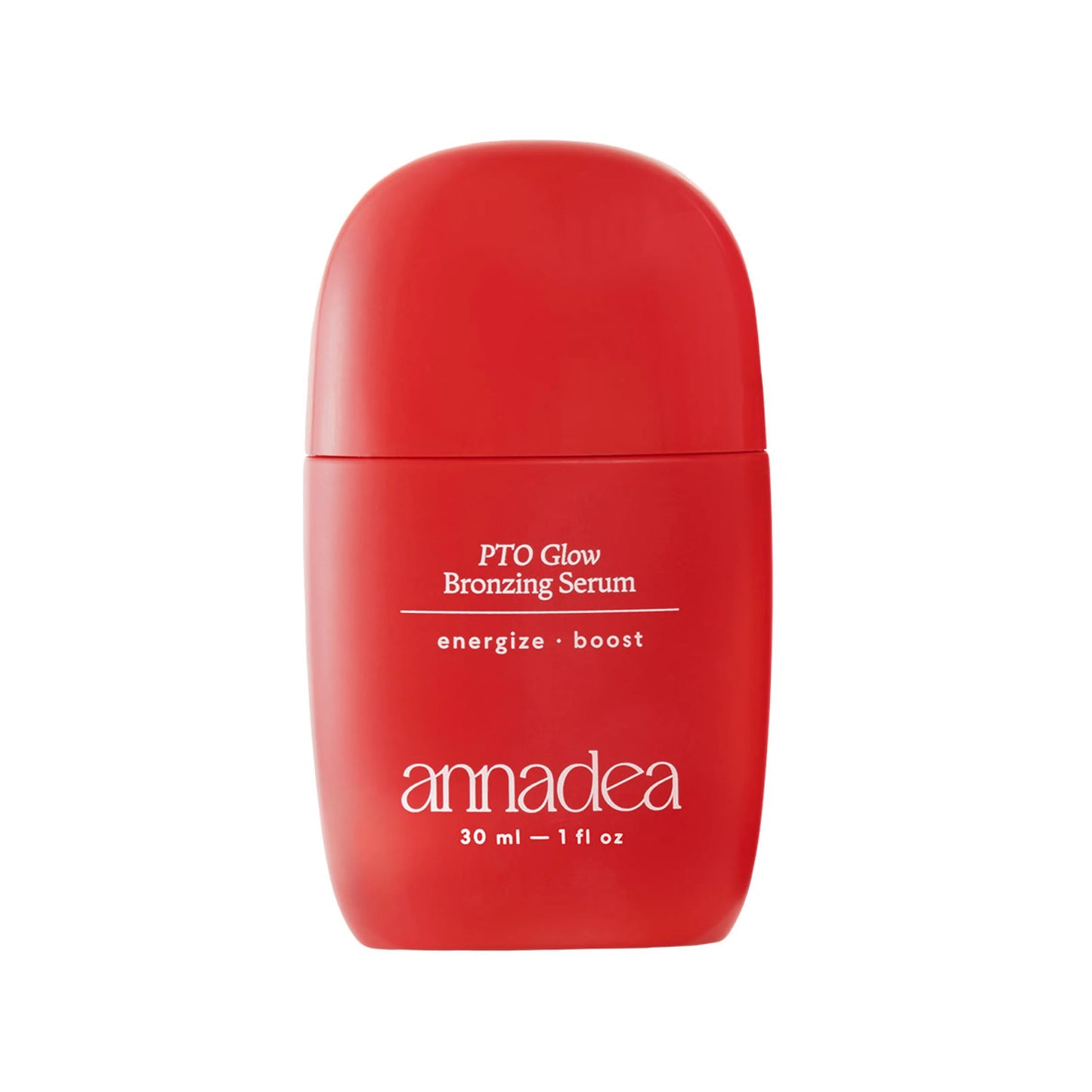Annadea PTO Glow Bronzing Serum in a matte red capsule bottle showing the PTO Glow Bronzing Serum label with energize and boost claims, 30ml on a white background
