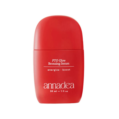 Annadea PTO Glow Bronzing Serum in a matte red capsule bottle showing the PTO Glow Bronzing Serum label with energize and boost claims, 30ml on a white background