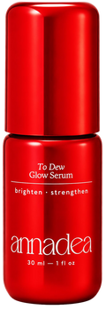 Annadea To Dew Glow Serum in red glossy bottle, 30ml brightening and strengthening hydrating serum with niacinamide, ceramide complex, and hyaluronic acid