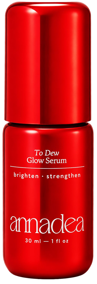 Annadea To Dew Glow Serum in red glossy bottle, 30ml brightening and strengthening hydrating serum with niacinamide, ceramide complex, and hyaluronic acid